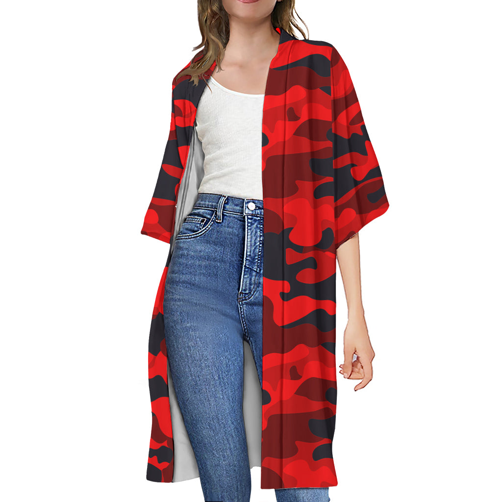Red And Black Camouflage Print Open Front Beach Cover Up