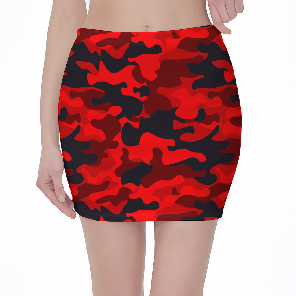 Red And Black Camouflage Print Pencil Mini Skirt