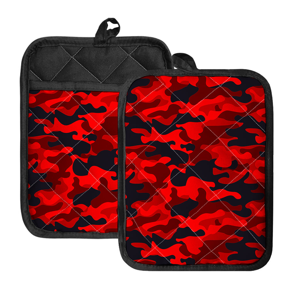 Red And Black Camouflage Print Pot Holders With Pocket