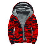 Red And Black Camouflage Print Sherpa Lined Zip Up Hoodie