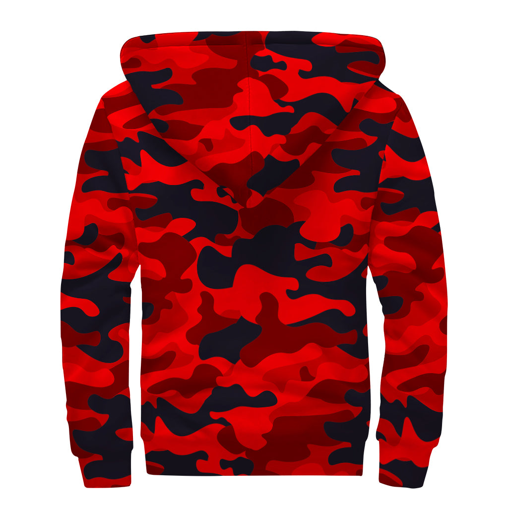 Red And Black Camouflage Print Sherpa Lined Zip Up Hoodie