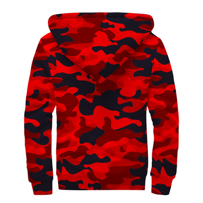 Red And Black Camouflage Print Sherpa Lined Zip Up Hoodie