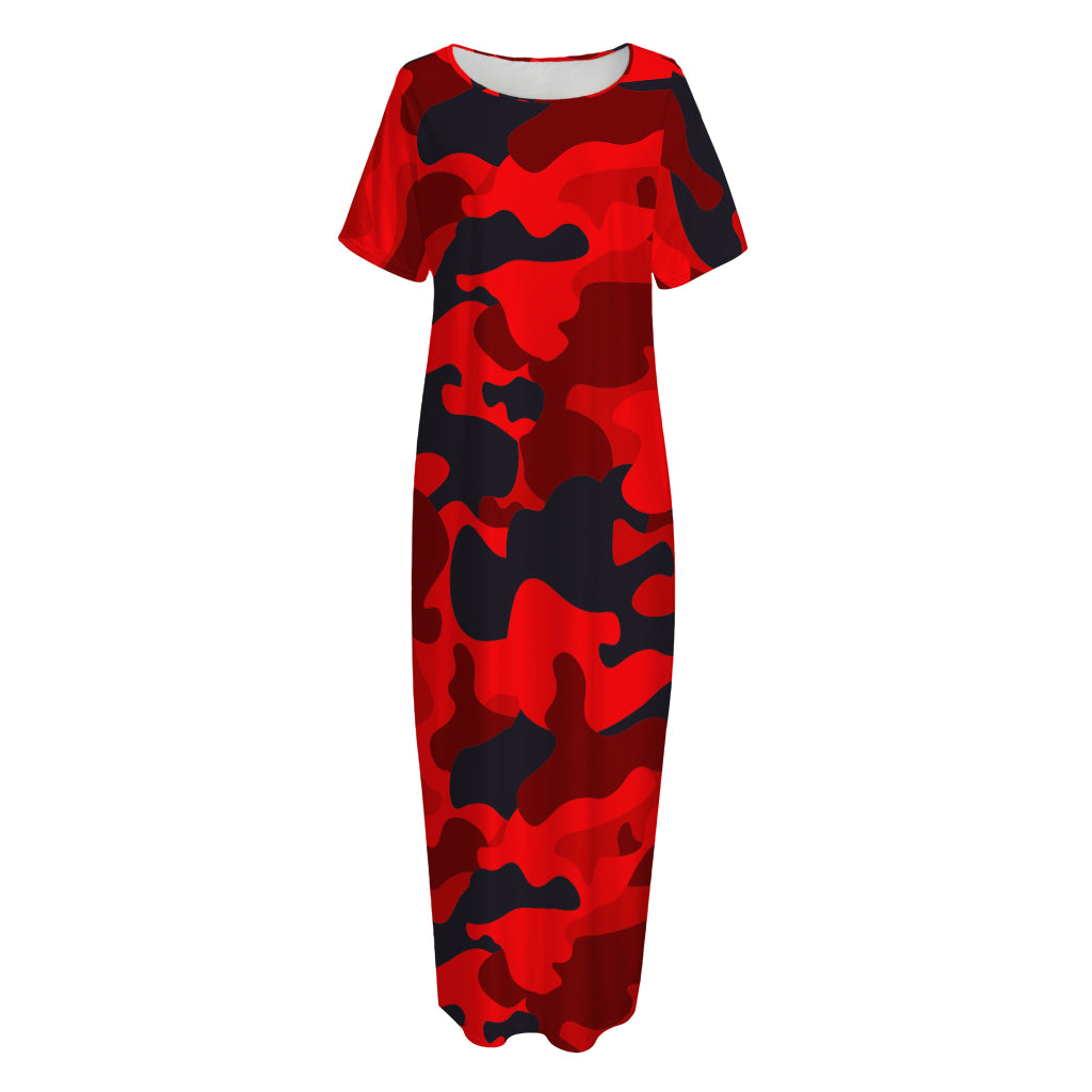 Red And Black Camouflage Print Short Sleeve Long Nightdress