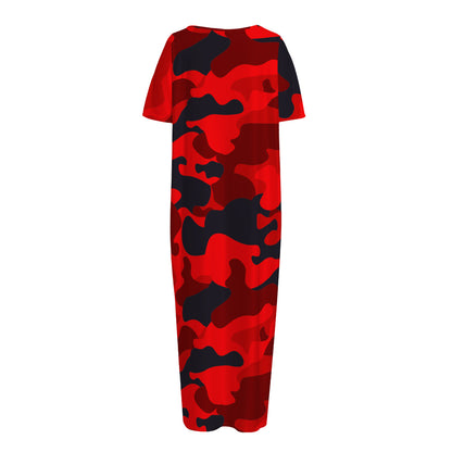 Red And Black Camouflage Print Short Sleeve Long Nightdress