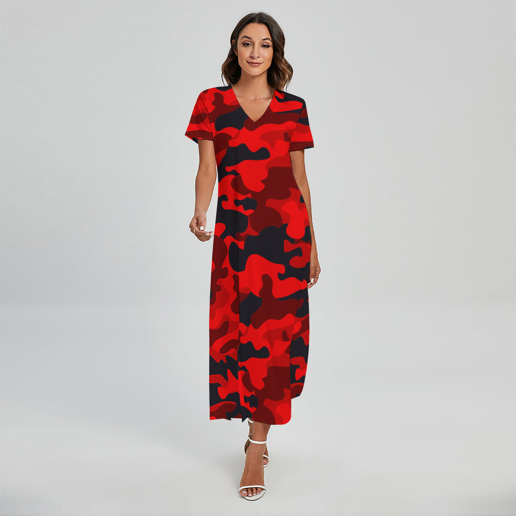 Red And Black Camouflage Print Short Sleeve Maxi Dress