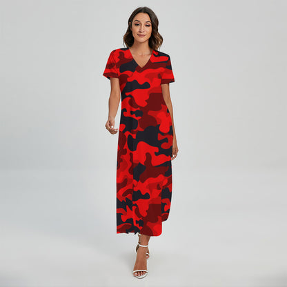 Red And Black Camouflage Print Short Sleeve Maxi Dress