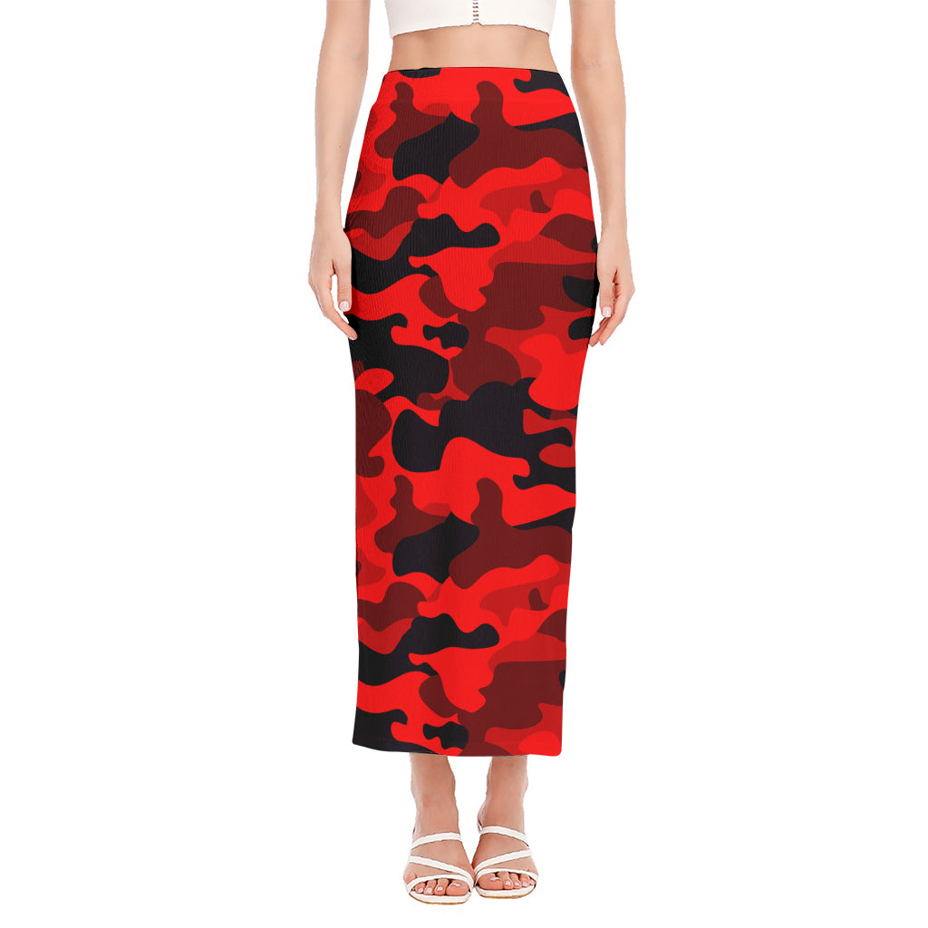 Red And Black Camouflage Print Side Slit Maxi Skirt