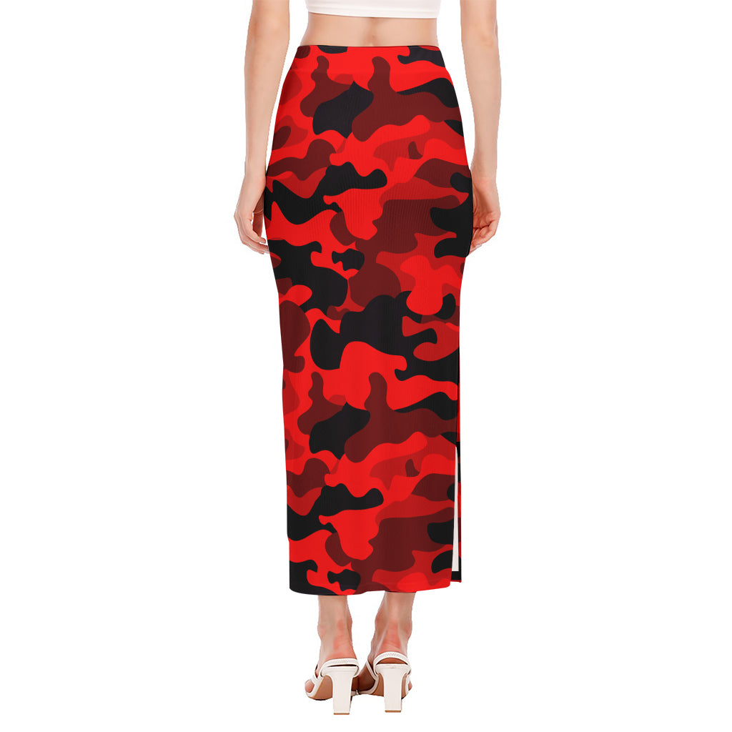 Red And Black Camouflage Print Side Slit Maxi Skirt