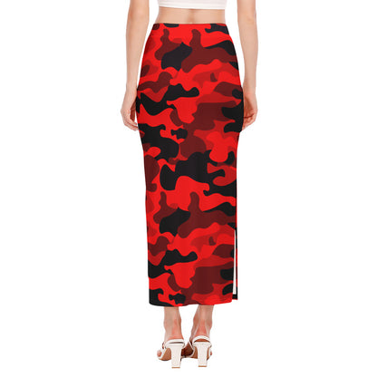 Red And Black Camouflage Print Side Slit Maxi Skirt