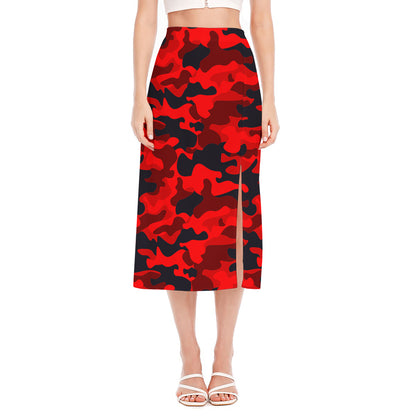 Red And Black Camouflage Print Side Slit Midi Skirt
