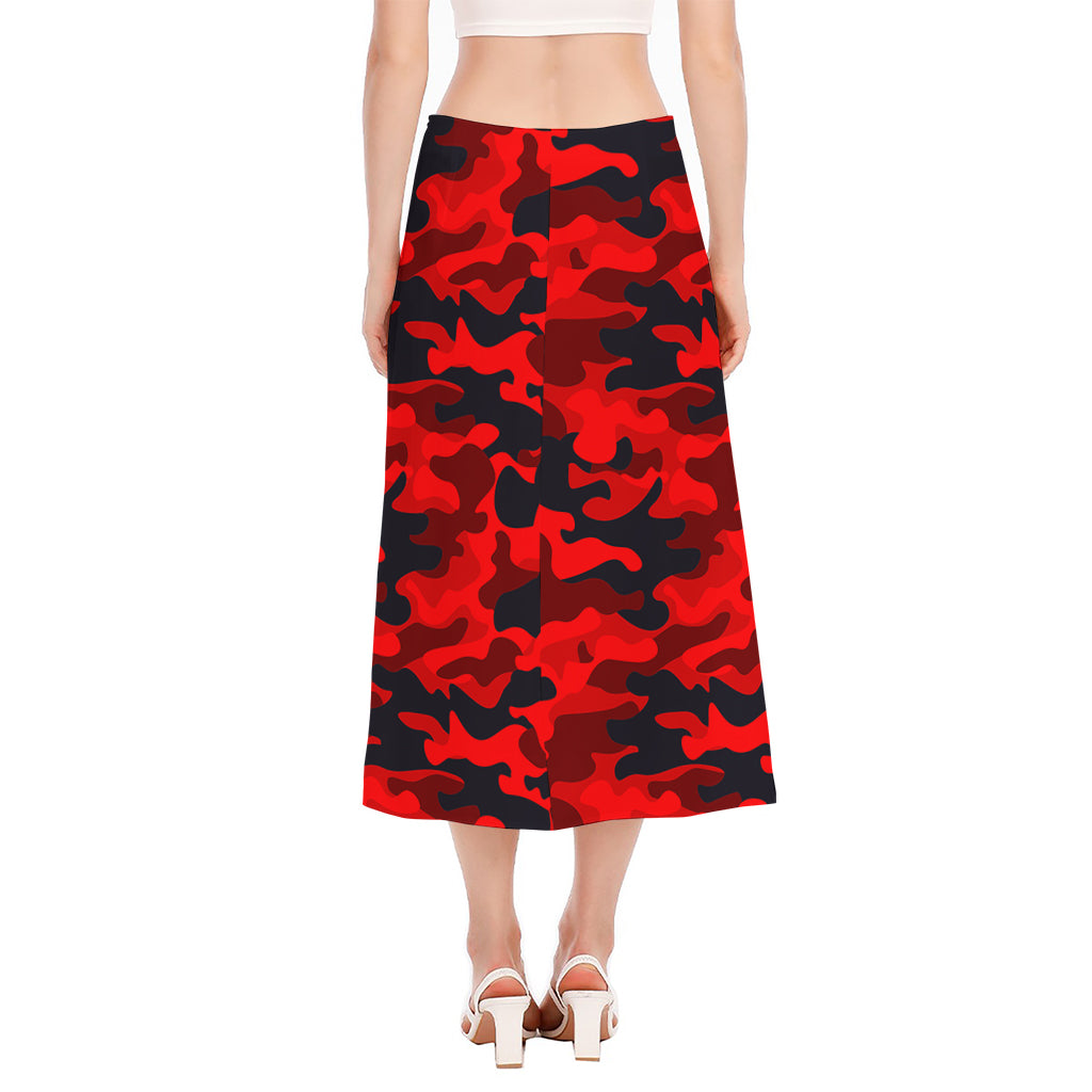 Red And Black Camouflage Print Side Slit Midi Skirt
