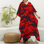 Red And Black Camouflage Print Silk V-Neck Kaftan Dress