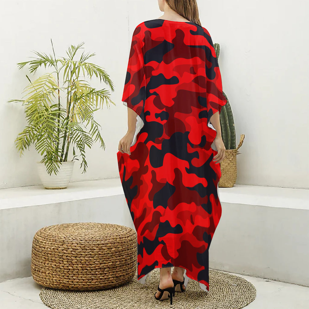 Red And Black Camouflage Print Silk V-Neck Kaftan Dress
