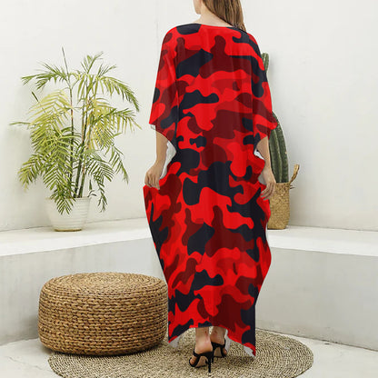 Red And Black Camouflage Print Silk V-Neck Kaftan Dress