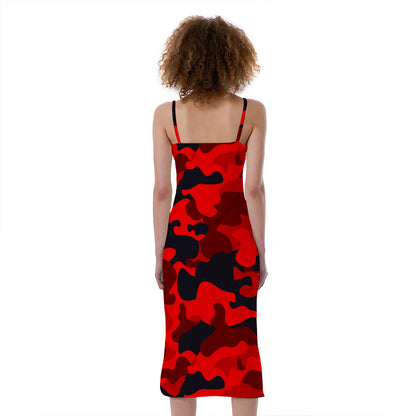 Red And Black Camouflage Print Slim Fit Midi Cami Dress
