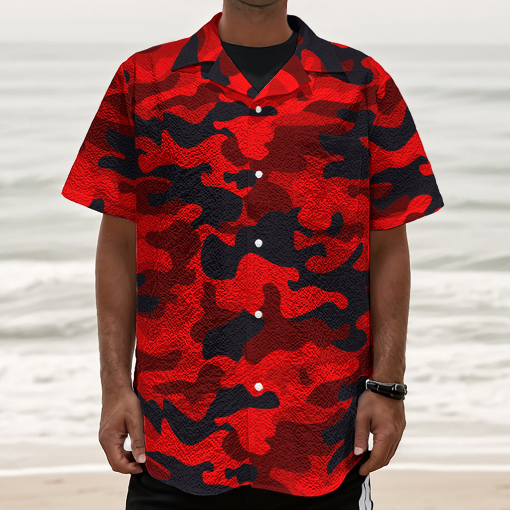 Red And Black Camouflage Print Textured Short Sleeve Shirt