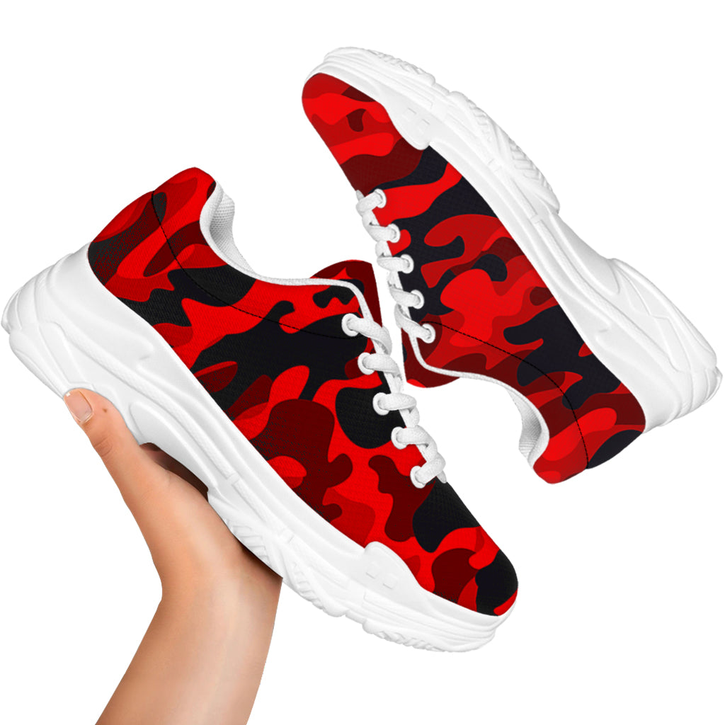Red And Black Camouflage Print White Chunky Shoes