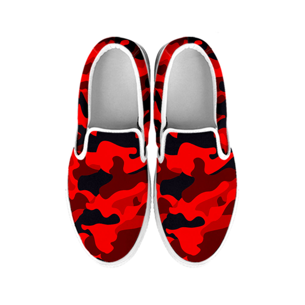 Red And Black Camouflage Print White Slip On Sneakers