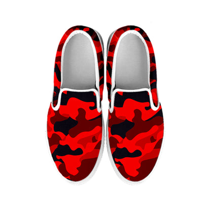 Red And Black Camouflage Print White Slip On Sneakers