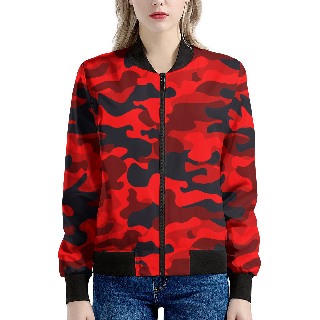 Red And Black Camouflage Print Women's Bomber Jacket