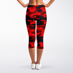 Red And Black Camouflage Print Women's Capri Leggings