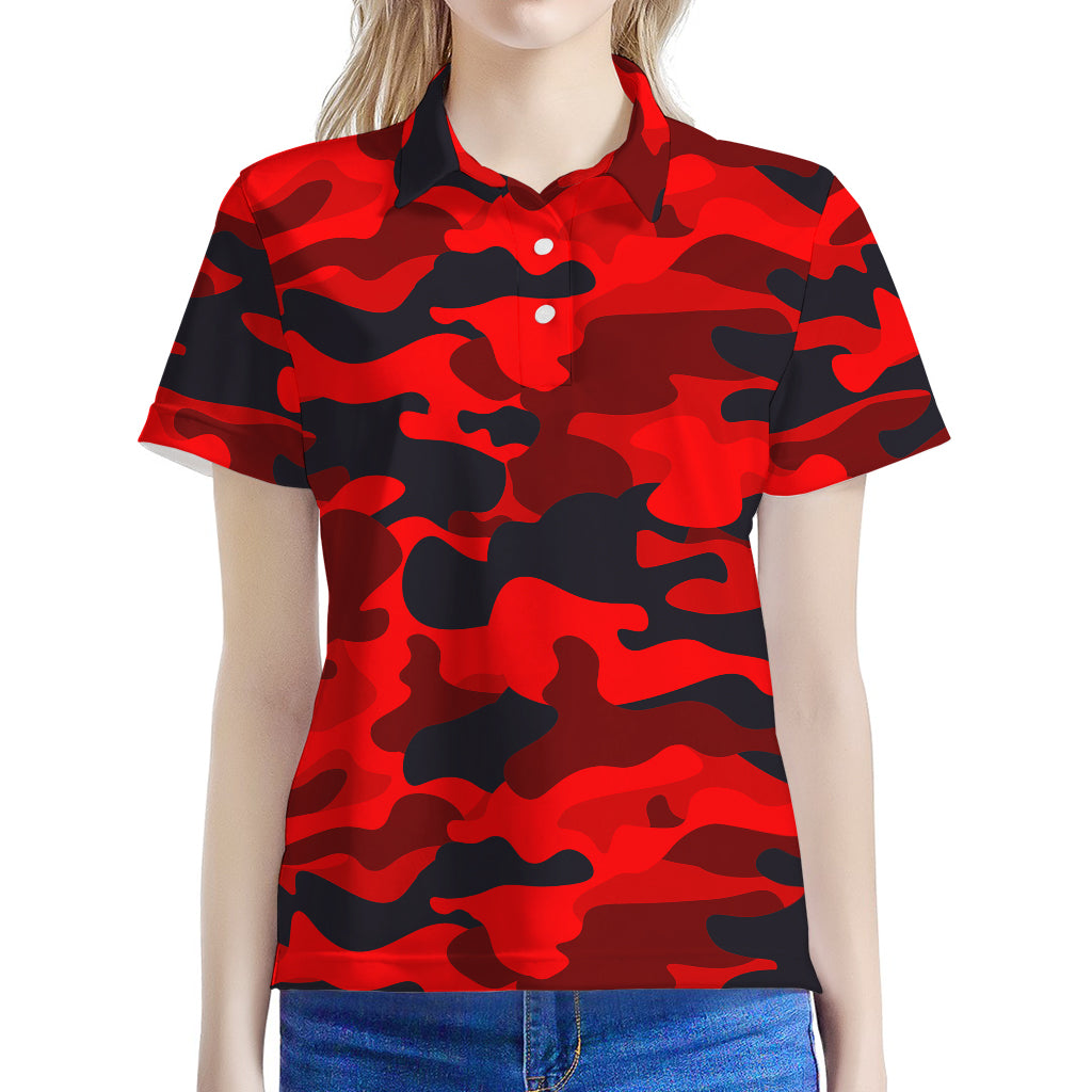 Red And Black Camouflage Print Women's Polo Shirt