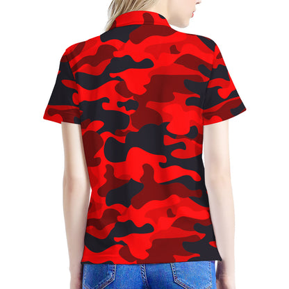 Red And Black Camouflage Print Women's Polo Shirt