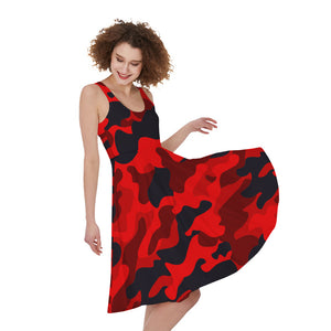 Red And Black Camouflage Print Sleeveless Knee Length Dress