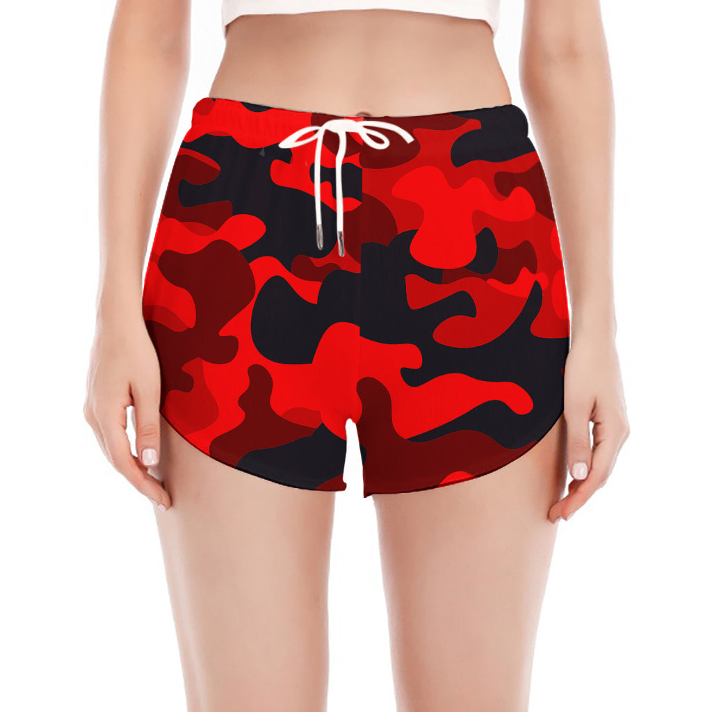 Red And Black Camouflage Print Women's Split Running Shorts