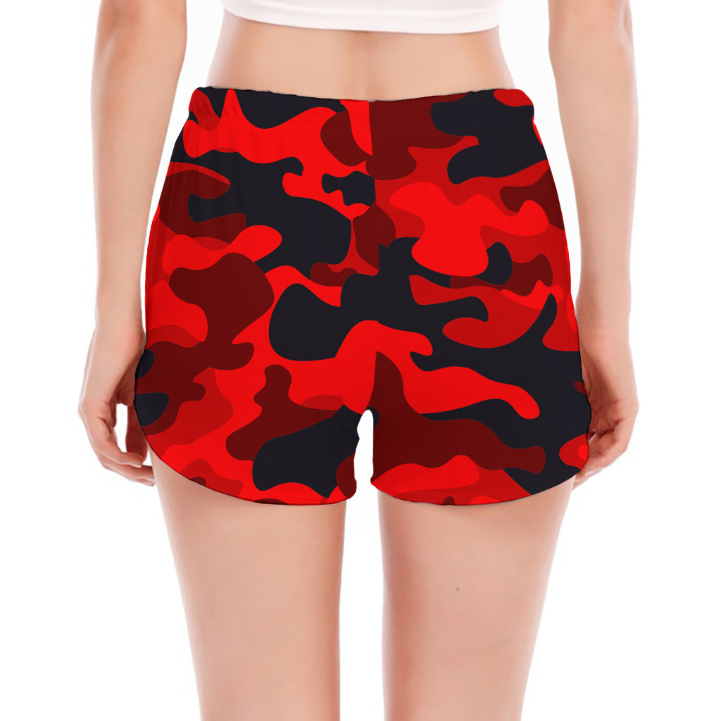 Red And Black Camouflage Print Women's Split Running Shorts