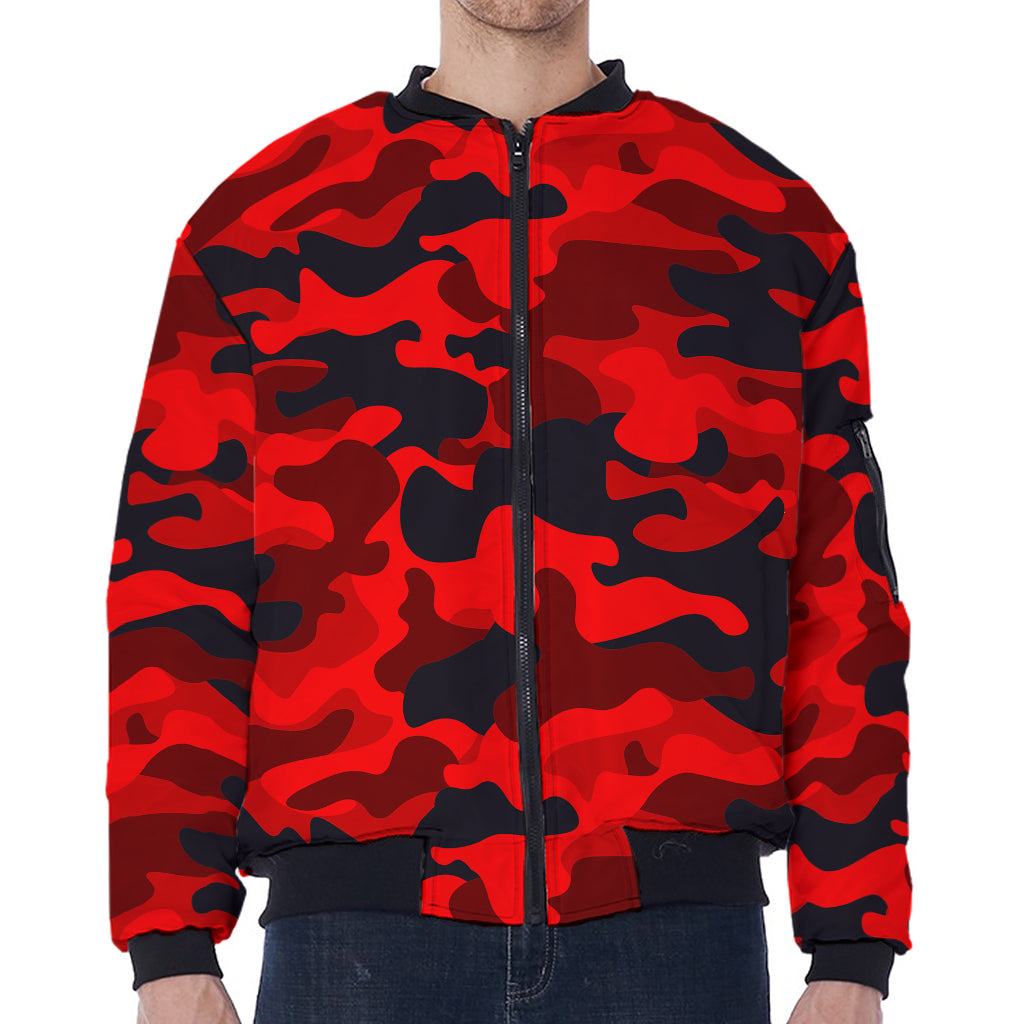 Red And Black Camouflage Print Zip Sleeve Bomber Jacket
