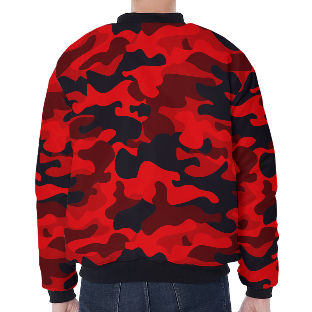 Red And Black Camouflage Print Zip Sleeve Bomber Jacket