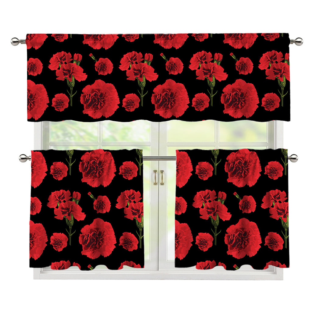 Red And Black Carnation Pattern Print 3 Piece Kitchen Curtains