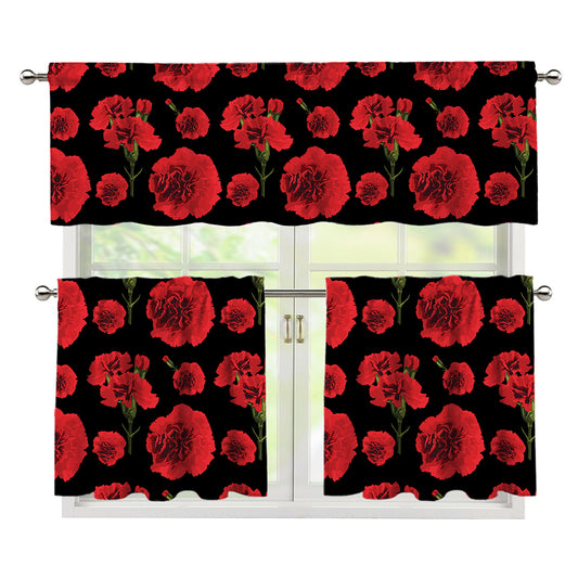 Red And Black Carnation Pattern Print 3 Piece Kitchen Curtains