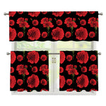 Red And Black Carnation Pattern Print 3 Piece Kitchen Curtains