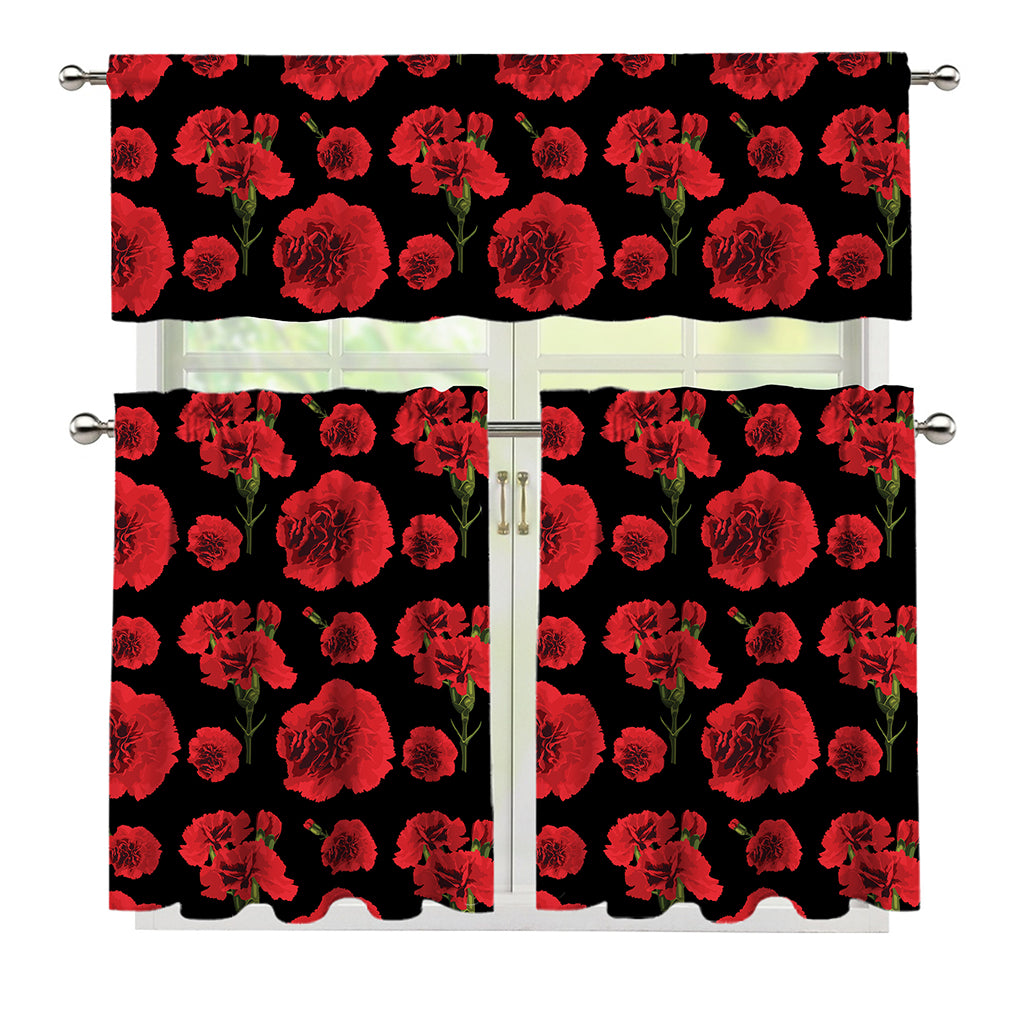 Red And Black Carnation Pattern Print 3 Piece Kitchen Curtains