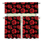 Red And Black Carnation Pattern Print 3 Piece Kitchen Curtains