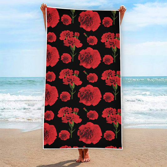 Red And Black Carnation Pattern Print Beach Towel
