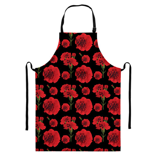 Red And Black Carnation Pattern Print Bib Apron With Pocket