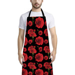 Red And Black Carnation Pattern Print Bib Apron With Pocket