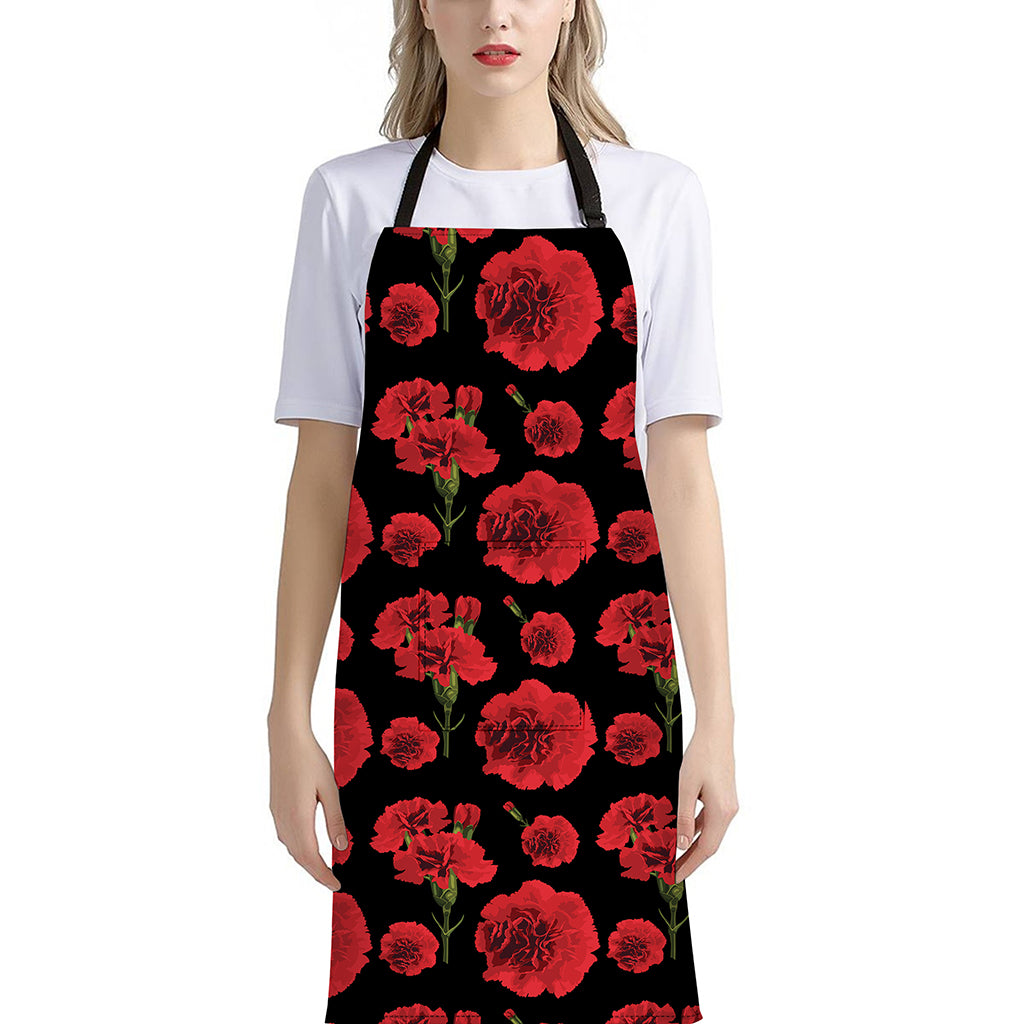 Red And Black Carnation Pattern Print Bib Apron With Pocket