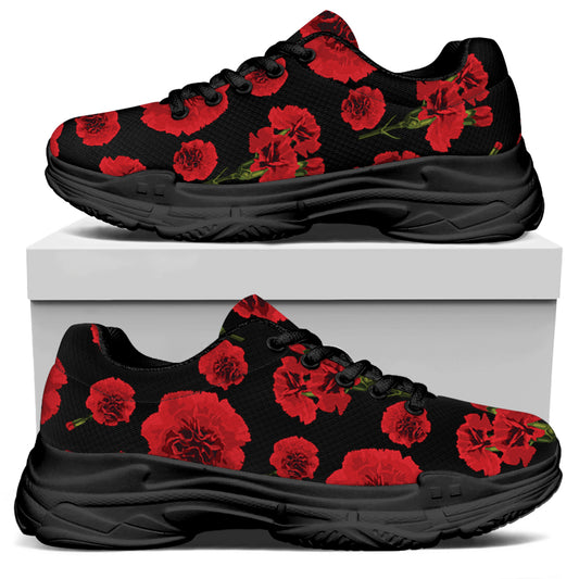 Red And Black Carnation Pattern Print Black Chunky Shoes