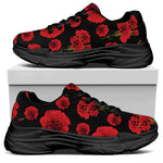 Red And Black Carnation Pattern Print Black Chunky Shoes