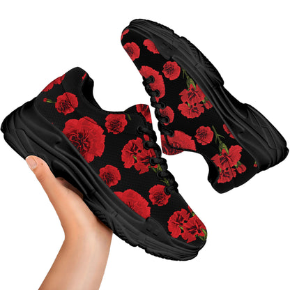 Red And Black Carnation Pattern Print Black Chunky Shoes