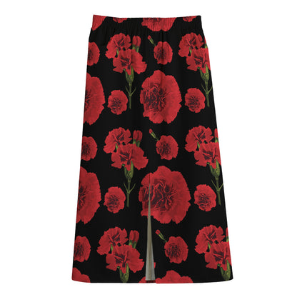 Red And Black Carnation Pattern Print Cotton Front Slit Maxi Skirt