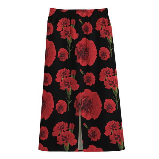 Red And Black Carnation Pattern Print Cotton Front Slit Maxi Skirt
