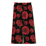 Red And Black Carnation Pattern Print Cotton Front Slit Maxi Skirt
