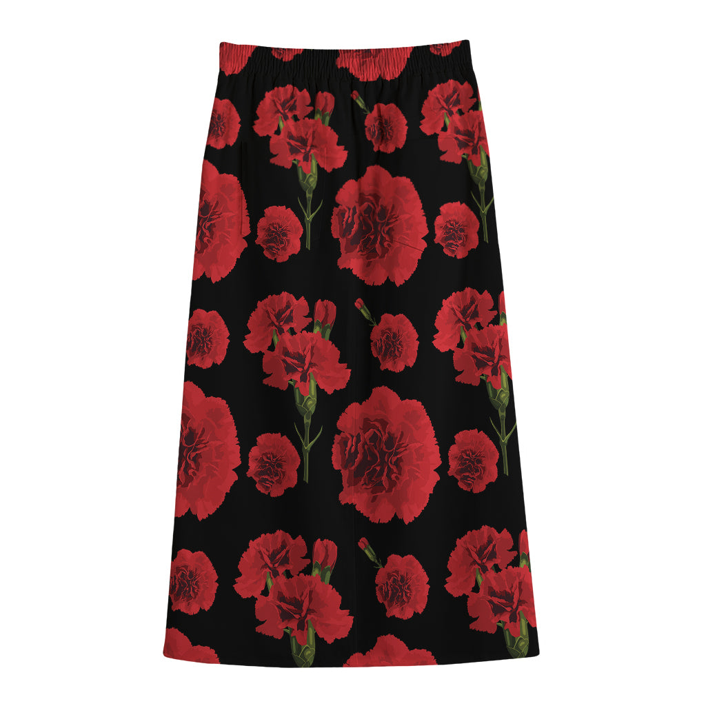 Red And Black Carnation Pattern Print Cotton Front Slit Maxi Skirt