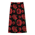 Red And Black Carnation Pattern Print Cotton Front Slit Maxi Skirt