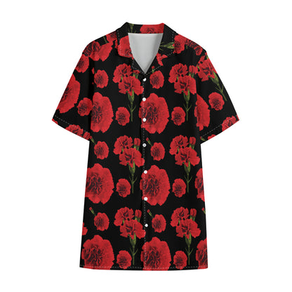Red And Black Carnation Pattern Print Cotton Hawaiian Shirt